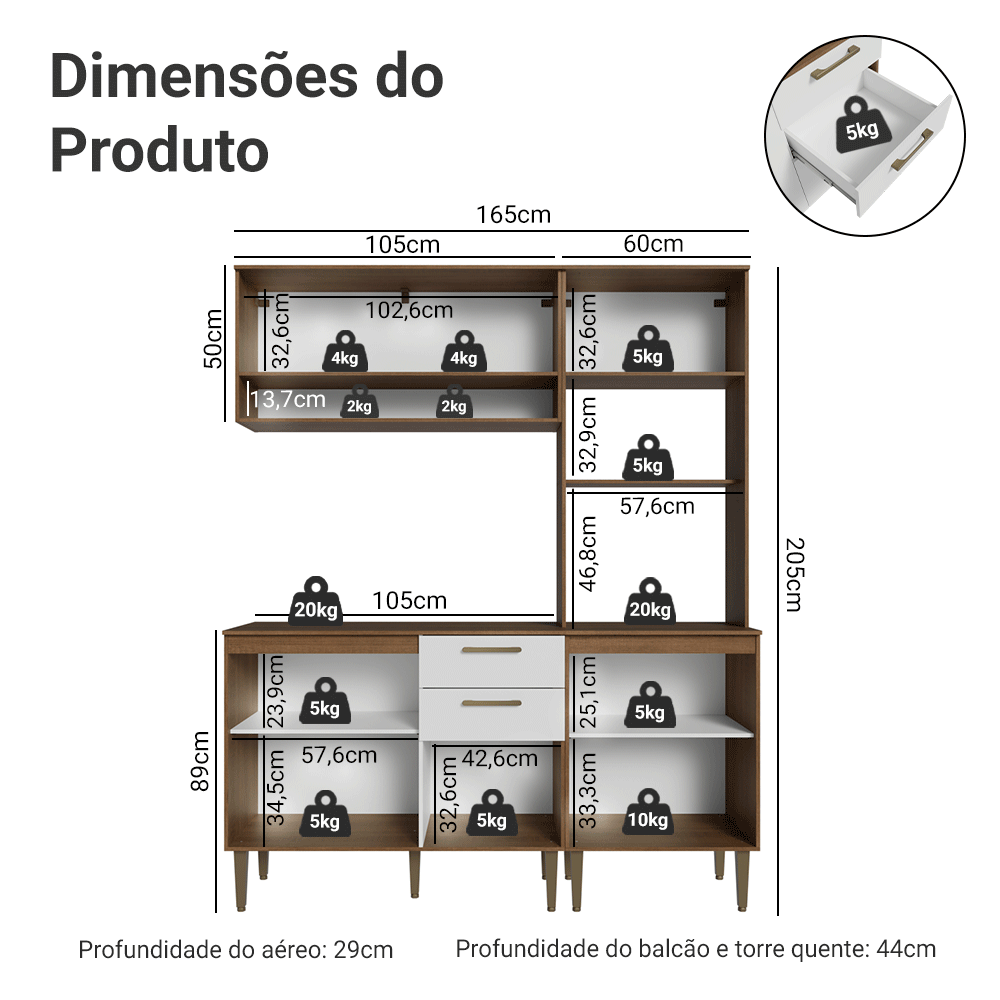 Armário de Cozinha Completa Lille 165 cm Rustic/Branco Madesa 01