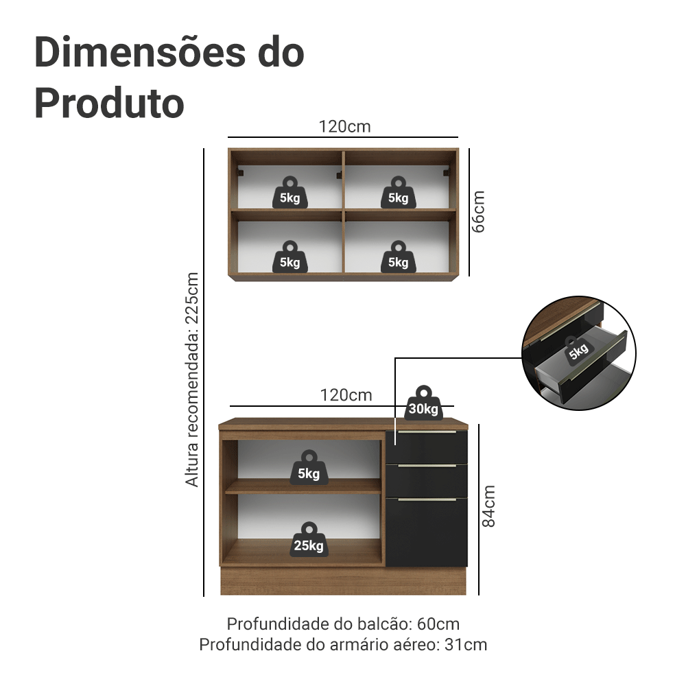 Armário de Cozinha Compacta 120 x 60 cm Rustic/Preto Lux Madesa 02