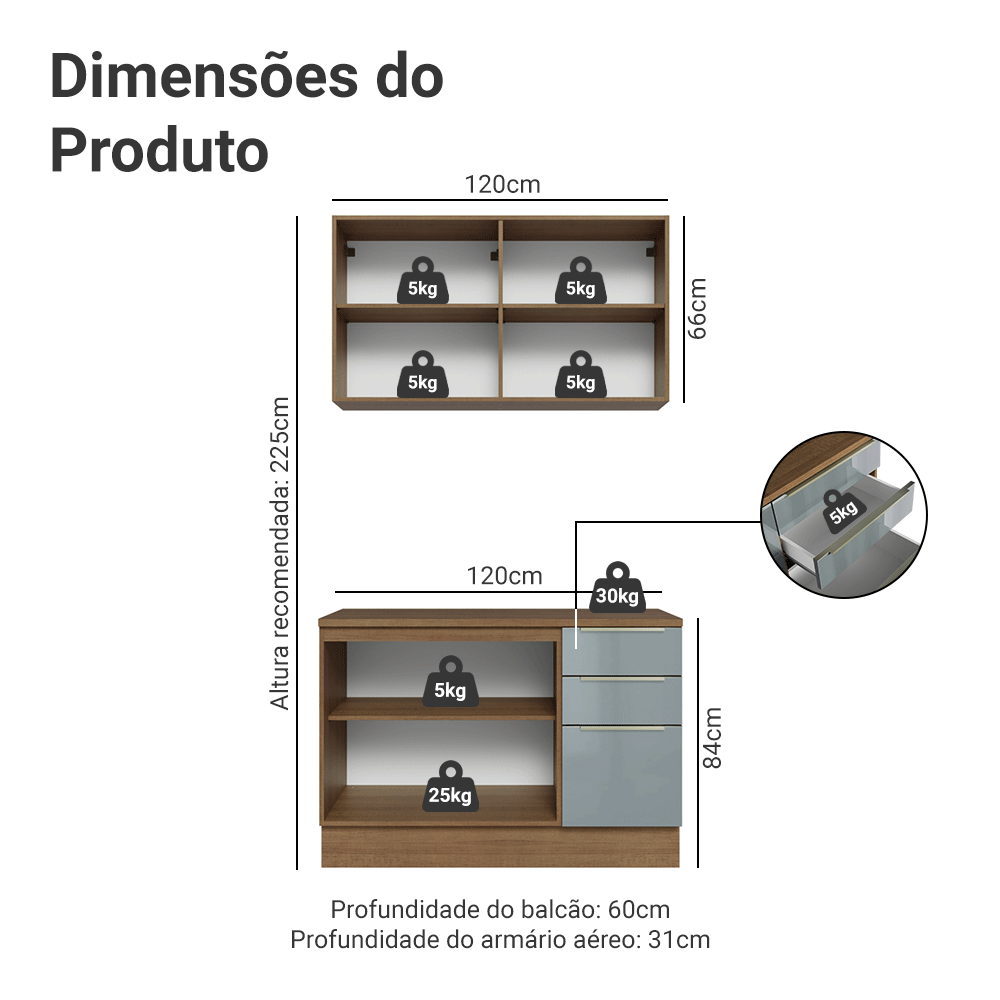Armário de Cozinha Compacta 120 x 60 cm Rustic/Cinza Lux Madesa 02