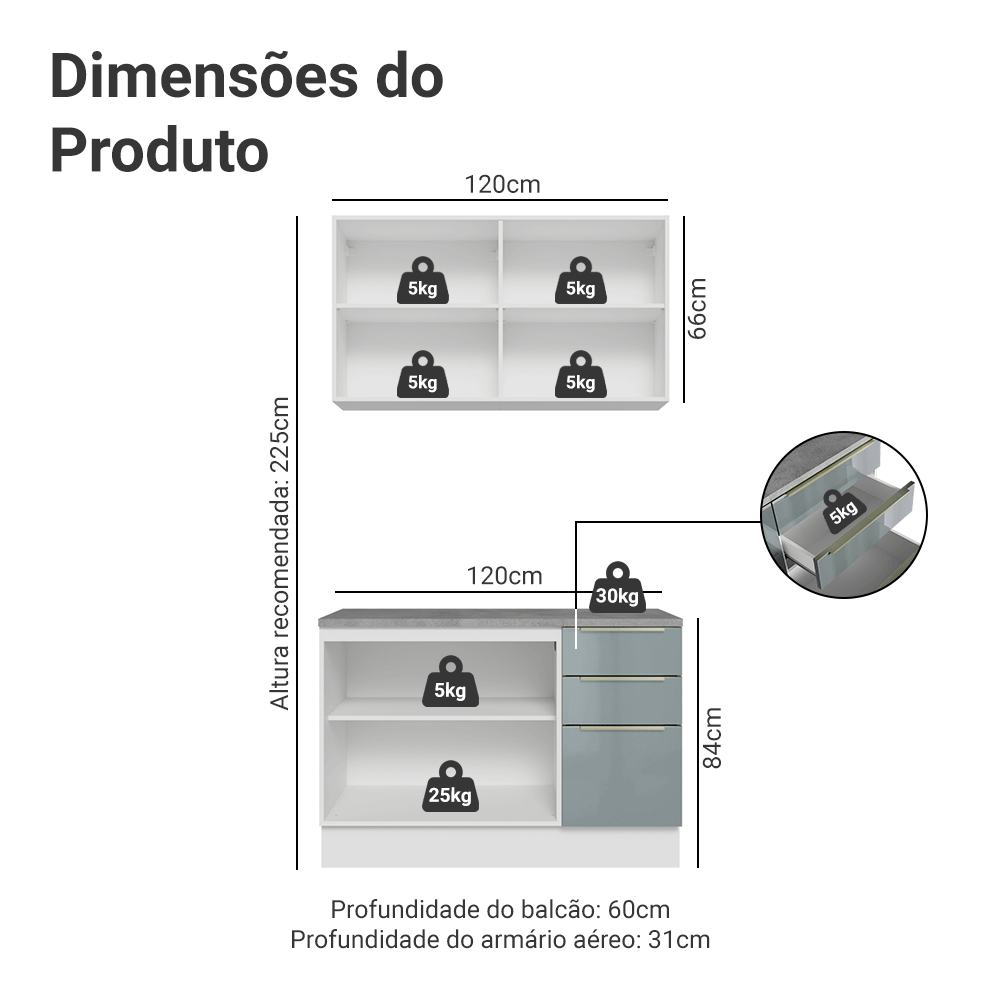 Armário de Cozinha Compacta 120 x 60 cm Branco/Cinza Lux Madesa 02