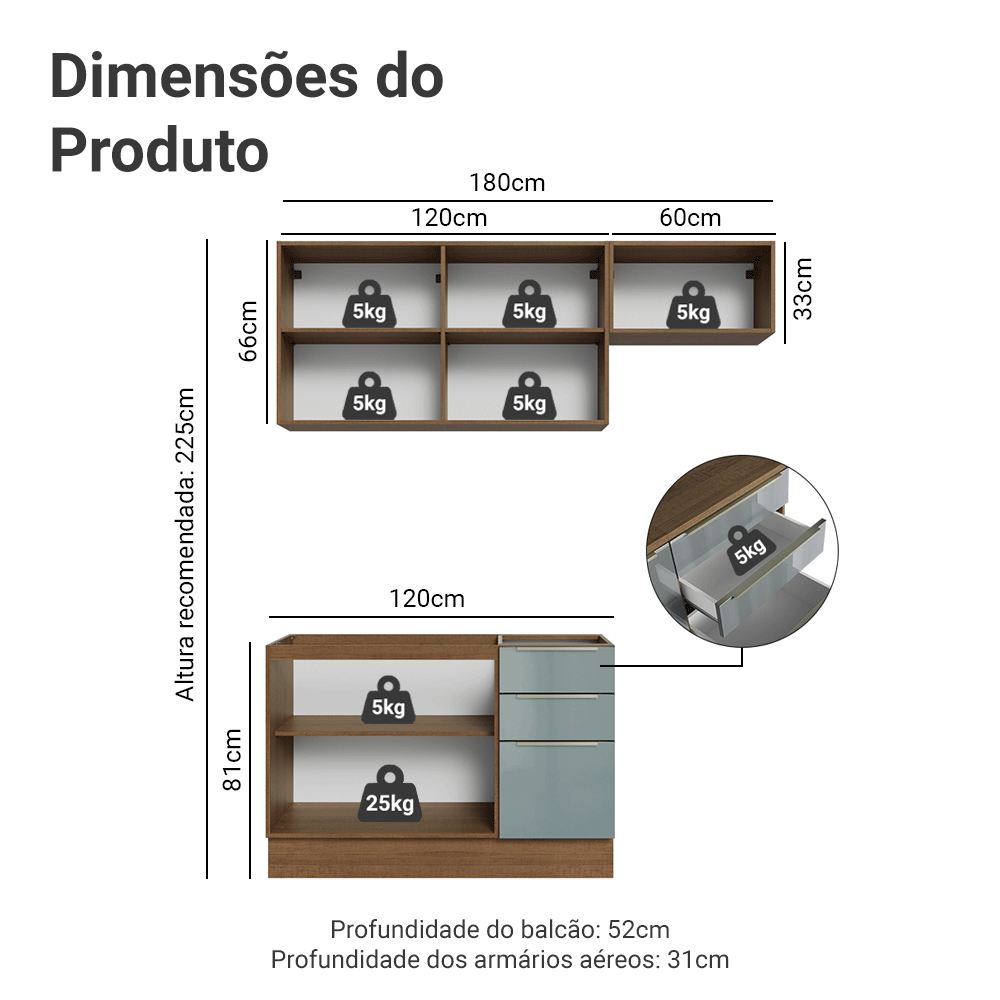 Armário de Cozinha Compacta 180 cm Rustic/Cinza Lux Madesa 02