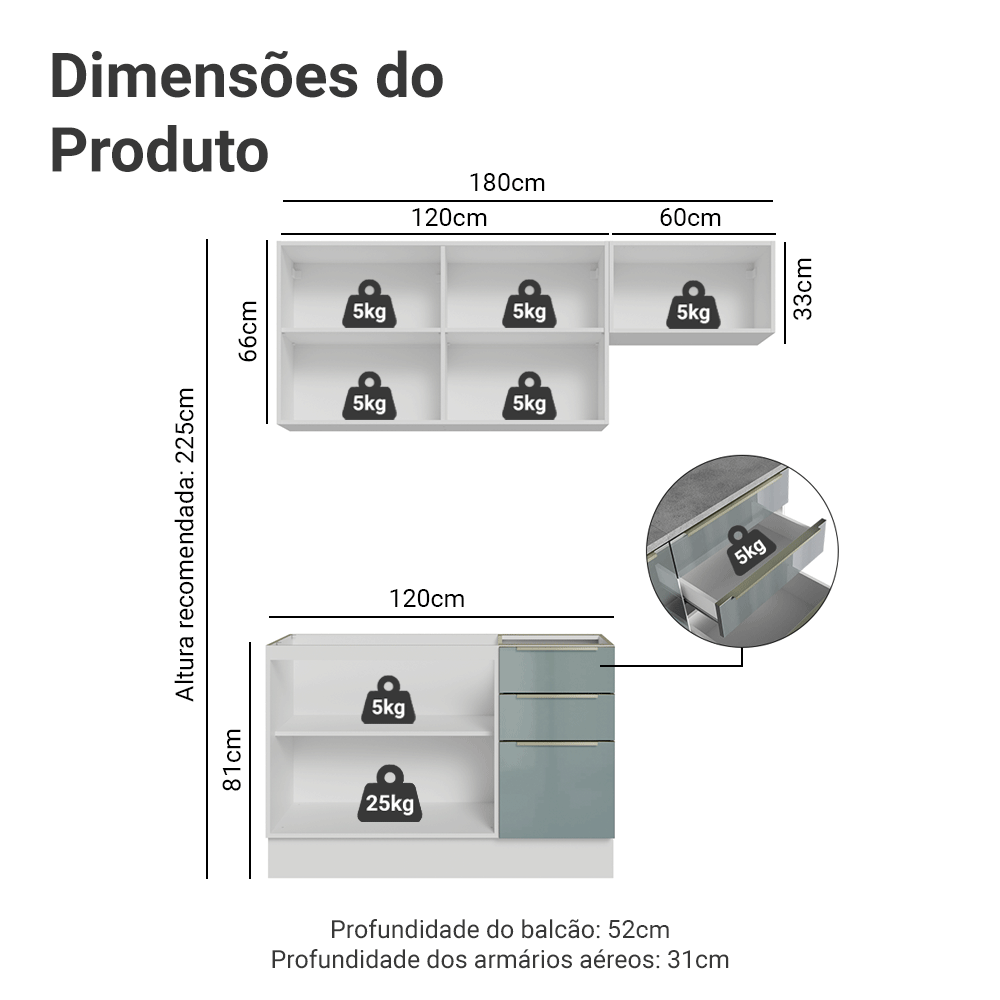 Armário de Cozinha Compacta 180 cm Branco/Cinza Lux Madesa 02