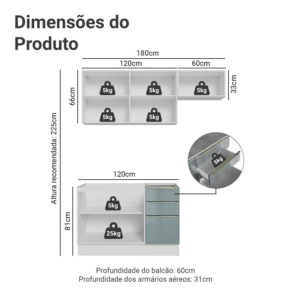 Armário de Cozinha Compacta 180 x 60 cm Branco/Cinza Lux Madesa 03