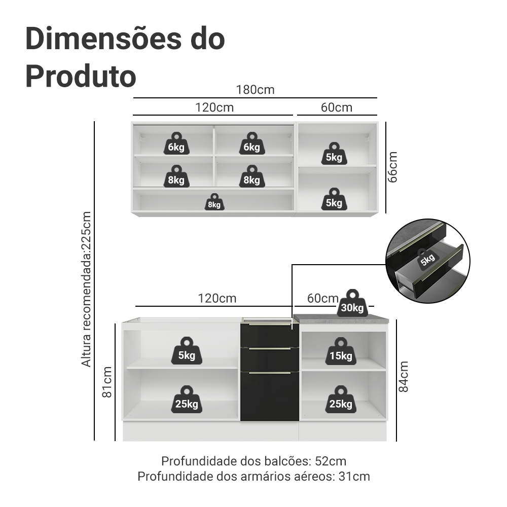 Armário de Cozinha Compacta 180 cm Branco/Preto Lux Madesa 04