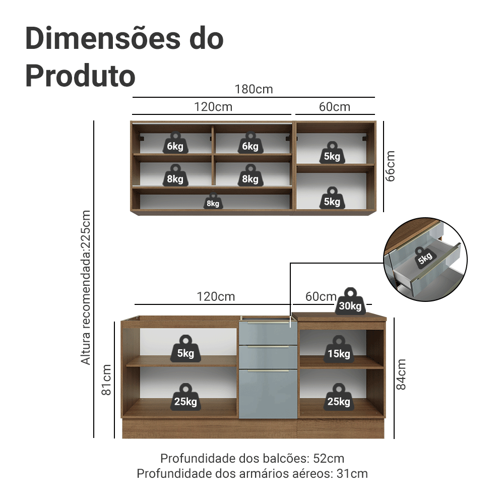 Armário de Cozinha Compacta 180 cm Rustic/Cinza Lux Madesa 04