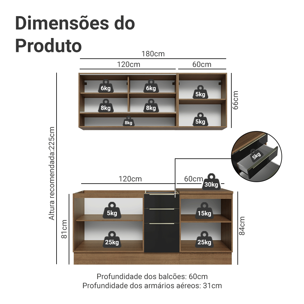 Armário de Cozinha Compacta 180 x 60 cm Rustic/Preto Lux Madesa 05