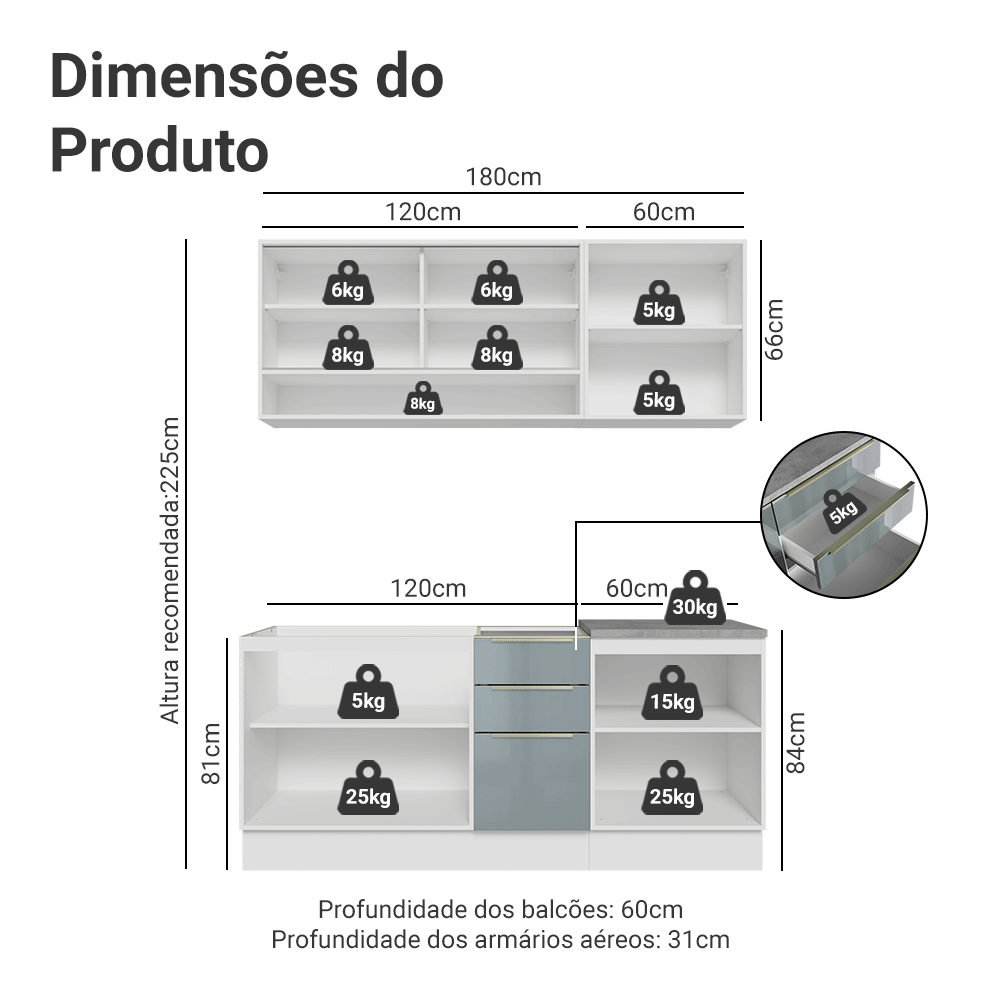 Armário de Cozinha Compacta 180 x 60 cm Branco/Cinza Lux Madesa 05
