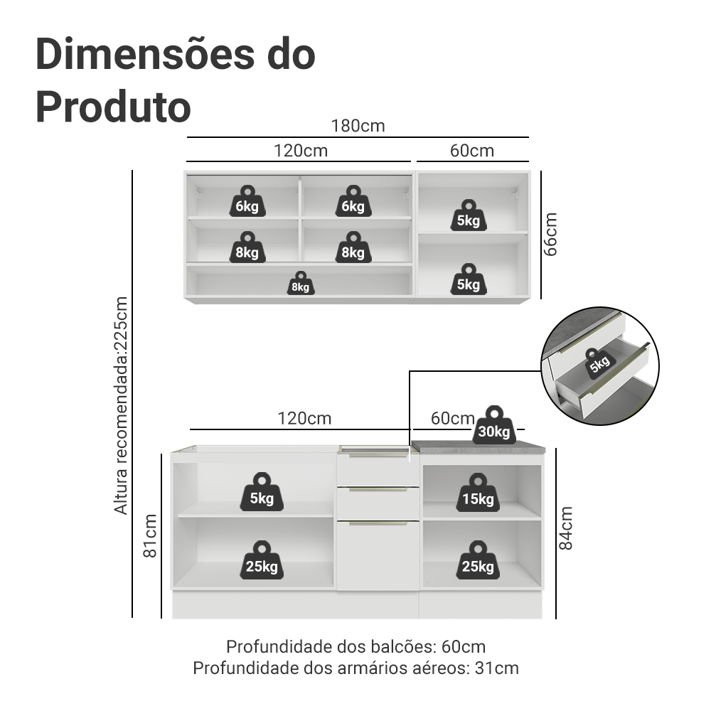 Armário de Cozinha Compacta 180 x 60 cm Branco/Branco Veludo Lux Madesa 05