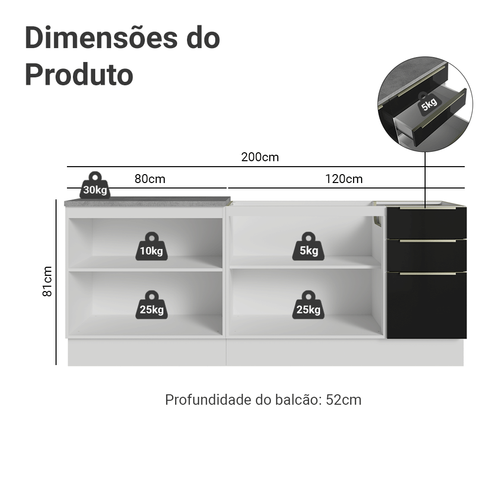 Armário de Cozinha Compacta 200 cm Branco/Preto Lux Madesa 05