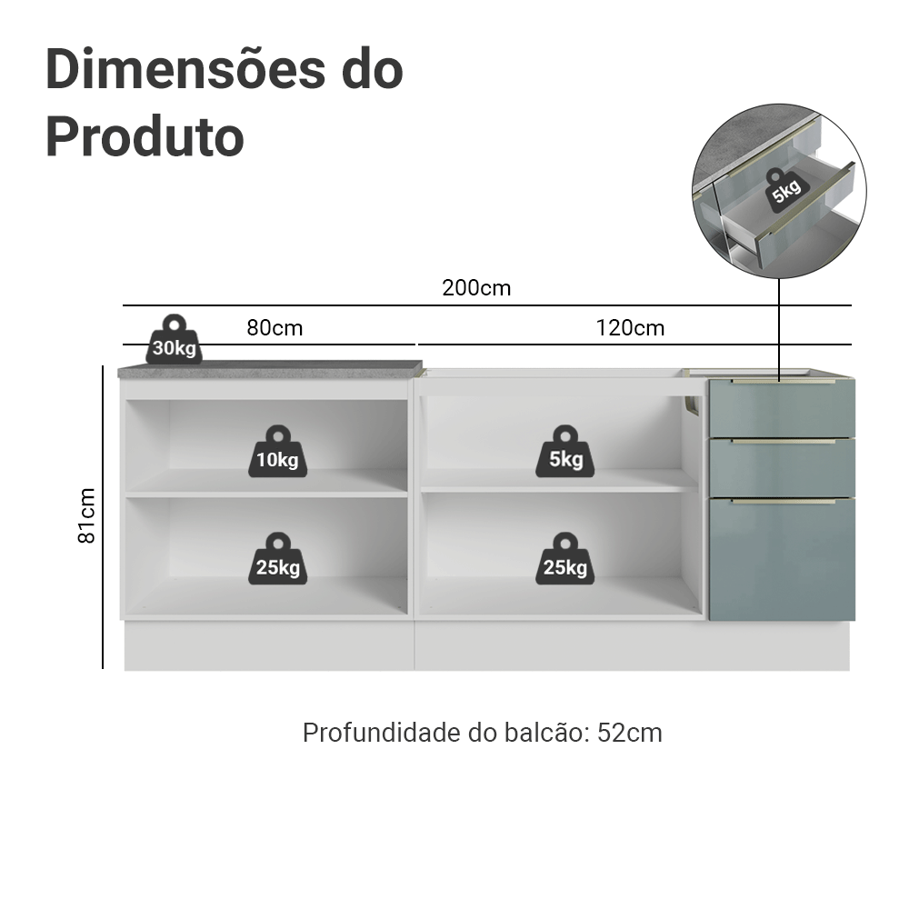 Armário de Cozinha Compacta 200 cm Branco/Cinza Lux Madesa 05