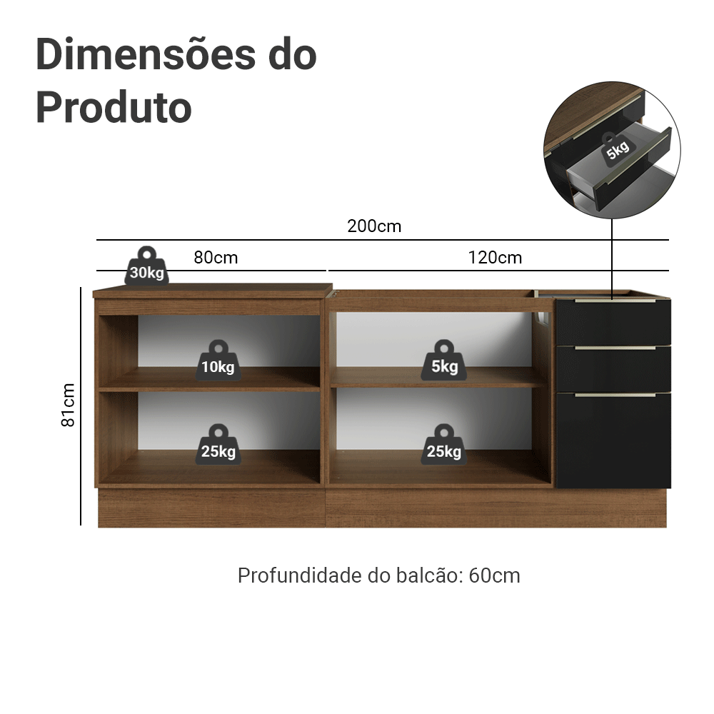 Armário de Cozinha Compacta 200 x 60 cm Rustic/Preto Lux Madesa 06