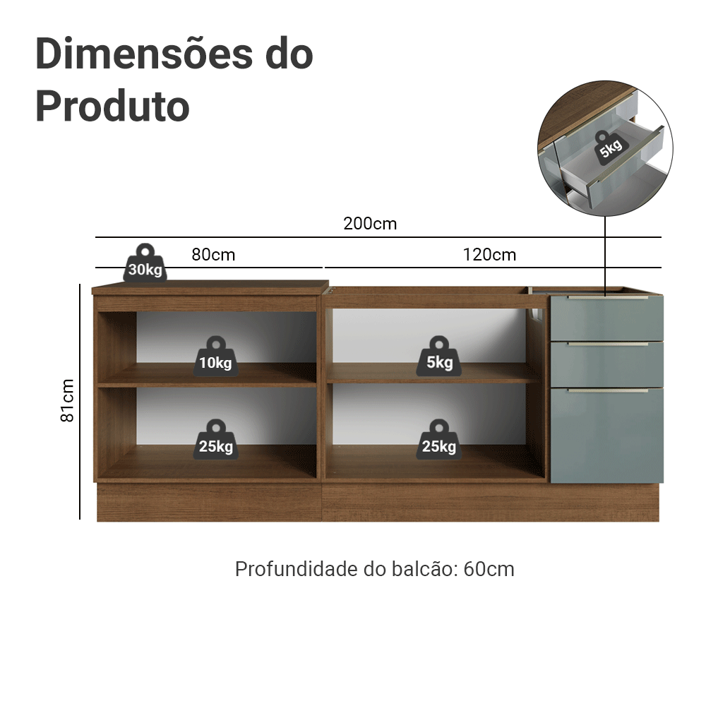 Armário de Cozinha Compacta 200 x 60 cm Rustic/Cinza Lux Madesa 06