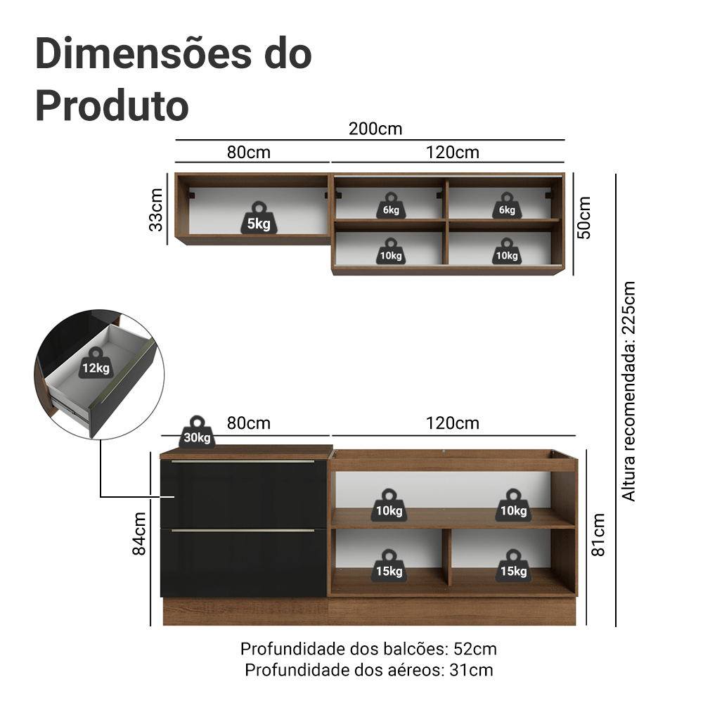 Armário de Cozinha Compacta 200 cm Rustic/Preto Lux Madesa 07