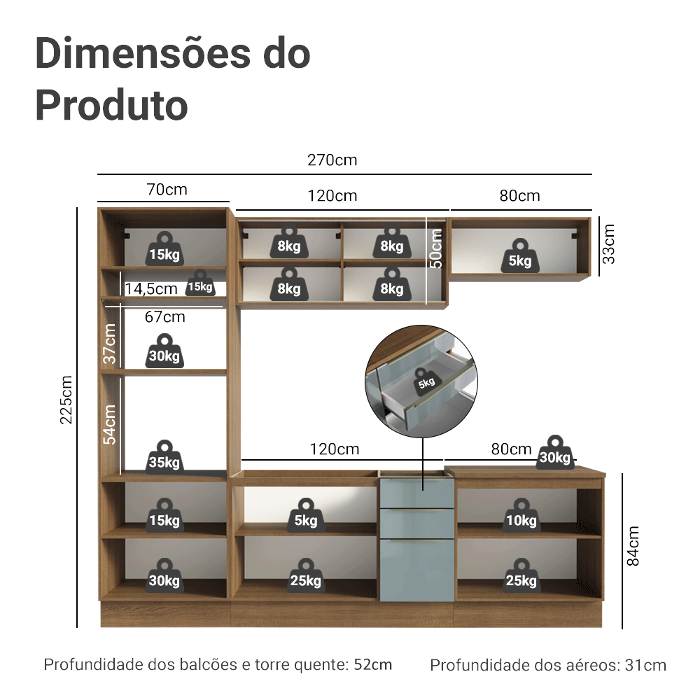 Armário de Cozinha Completa 270 cm Rustic/Cinza Lux Madesa 05