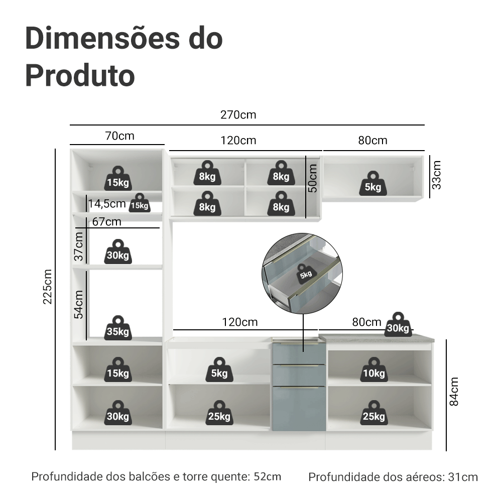 Armário de Cozinha Completa 270 cm Branco/Cinza Lux Madesa 05