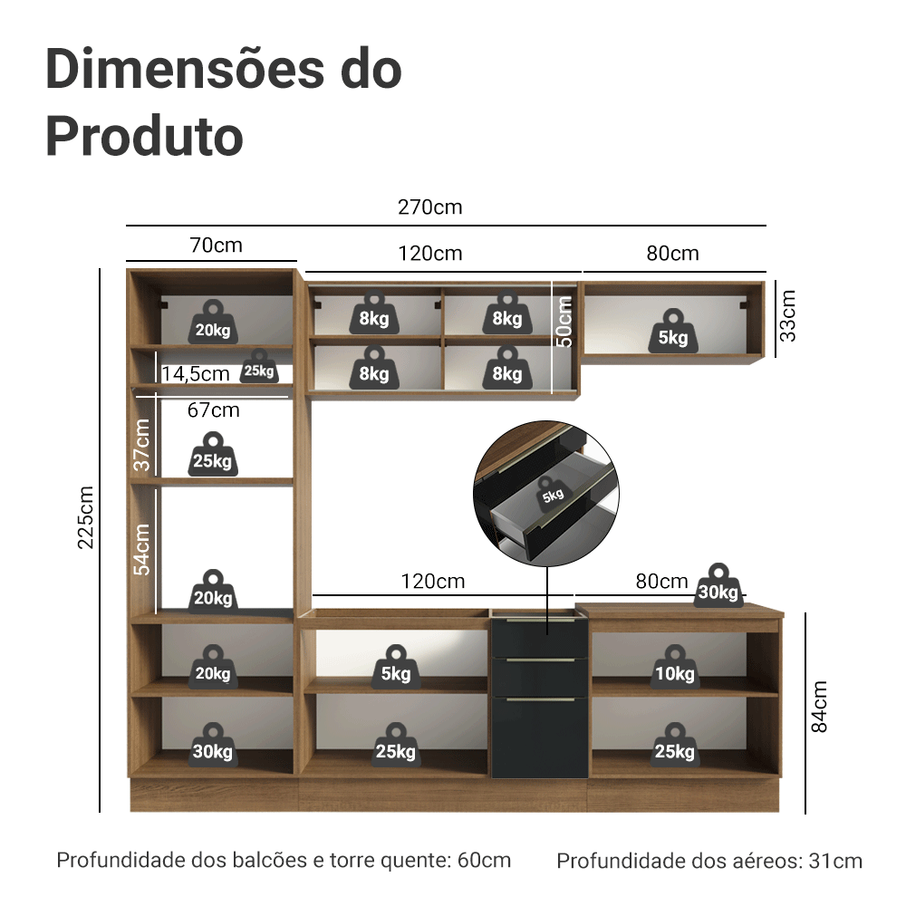 Armário de Cozinha Completa 270 x 60 cm Rustic/Preto Lux Madesa 06