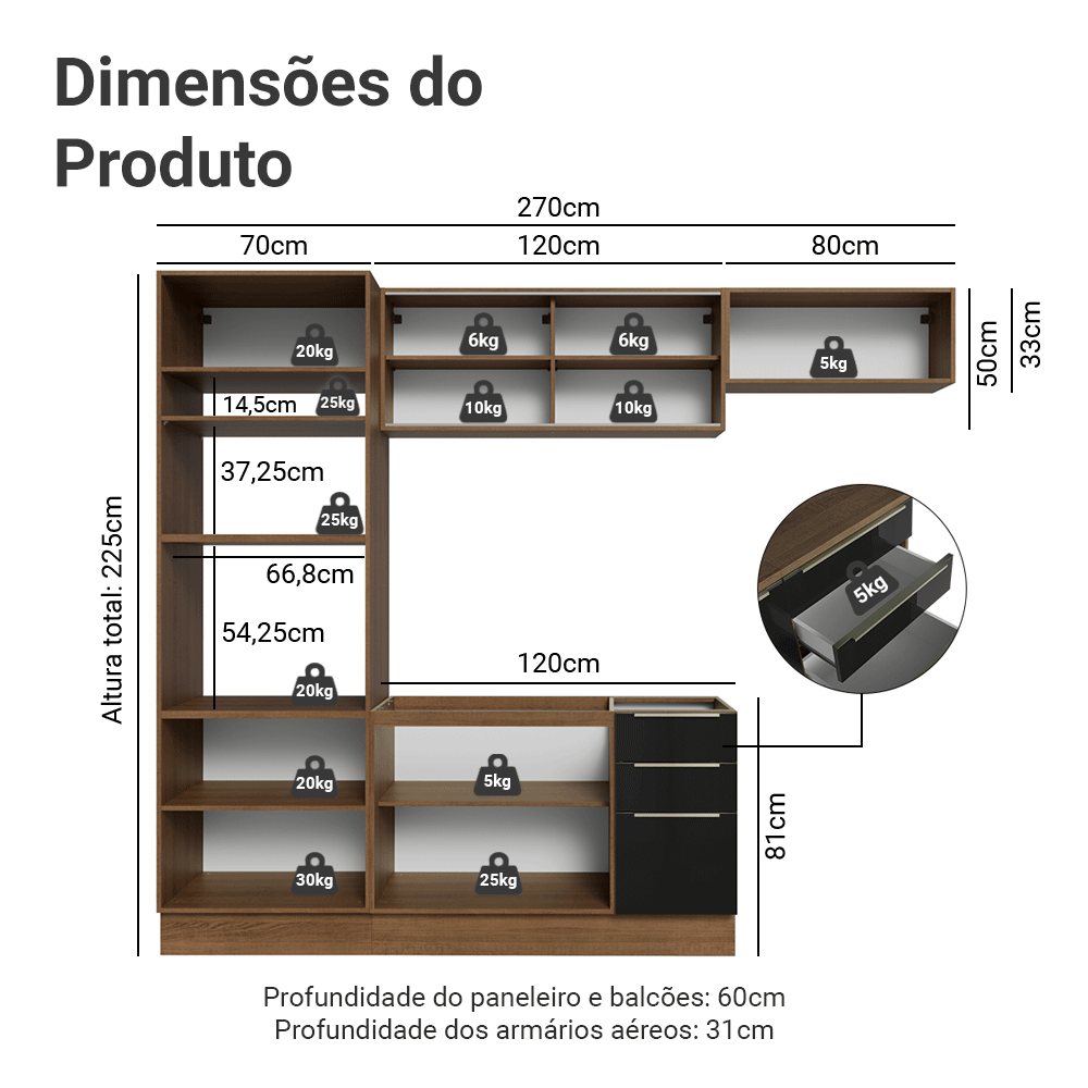 Armário de Cozinha Completa 270 x 60 cm Rustic/Preto Lux Madesa 08