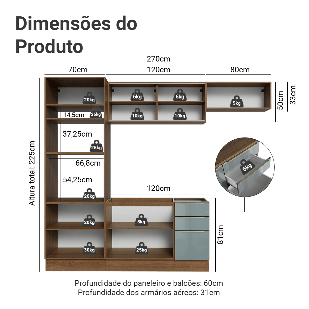 Armário de Cozinha Completa 270 x 60 cm Rustic/Cinza Lux Madesa 08