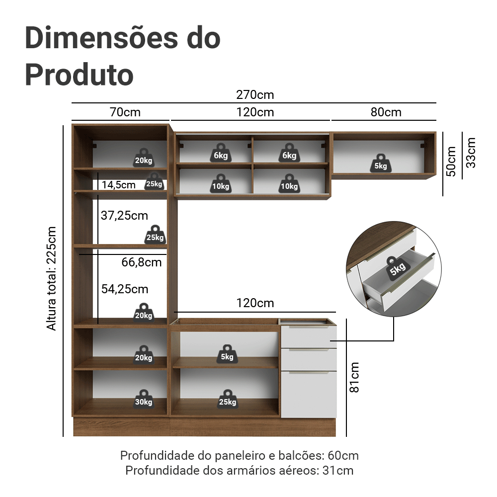 Armário de Cozinha Completa 270 x 60 cm Rustic/Branco Veludo Lux Madesa 08