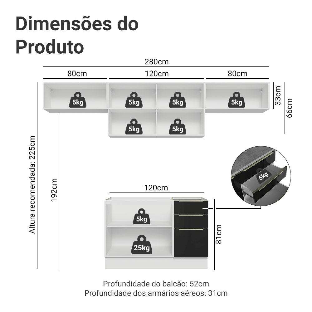 Armário de Cozinha Completa 280 cm Branco/Preto Lux Madesa 01