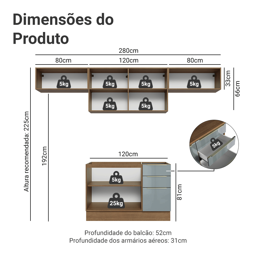 Armário de Cozinha Completa 280 cm Rustic/Cinza Lux Madesa 01