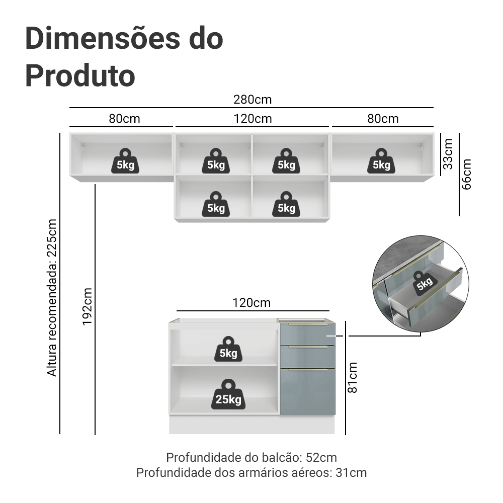 Armário de Cozinha Completa 280 cm Branco/Cinza Lux Madesa 01