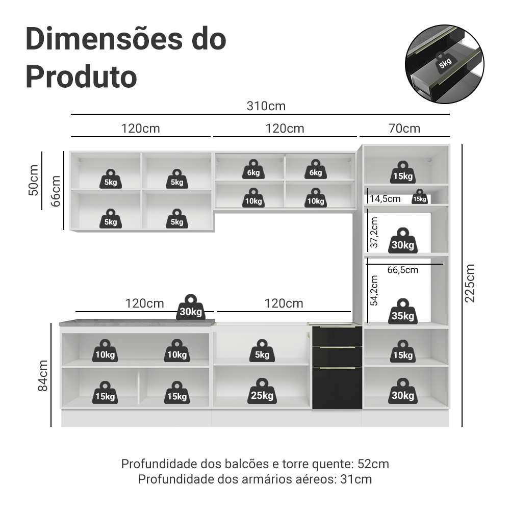 Armário de Cozinha Completa 310 cm Branco/Preto Lux Madesa 03