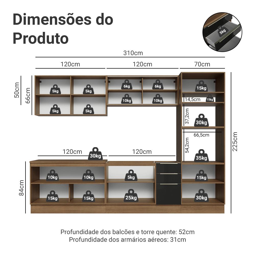 Armário de Cozinha Completa 310 cm Rustic/Preto Lux Madesa 03