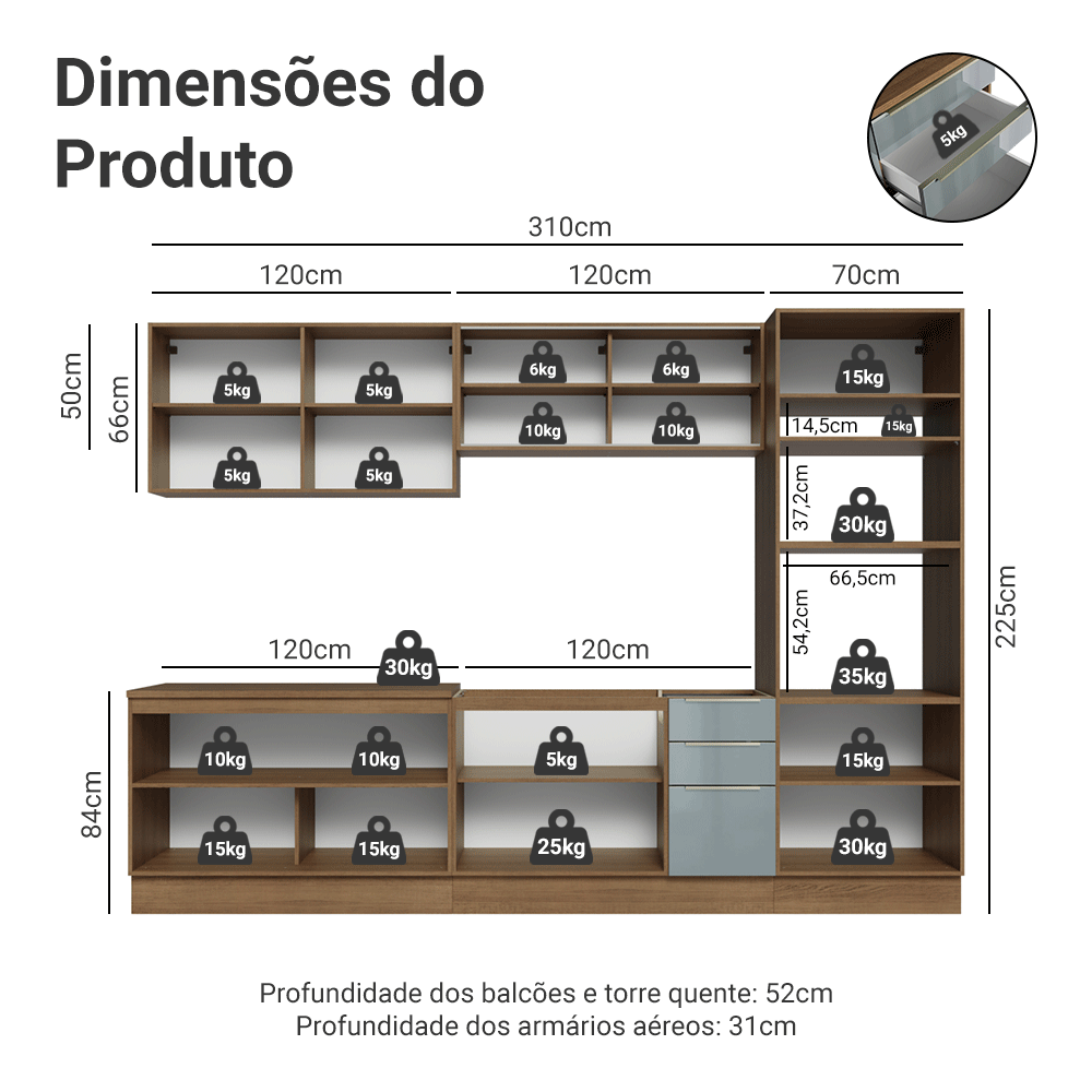 Armário de Cozinha Completa 310 cm Rustic/Cinza Lux Madesa 03