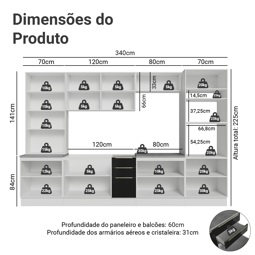 Armário de Cozinha Completa 340 x 60 cm Branco/Preto Lux Madesa 04