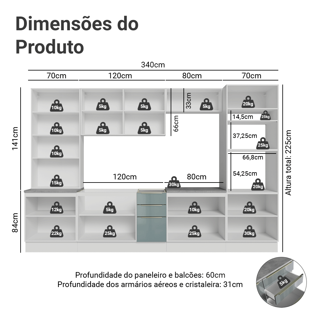 Armário de Cozinha Completa 340 x 60 cm Branco/Cinza Lux Madesa 04