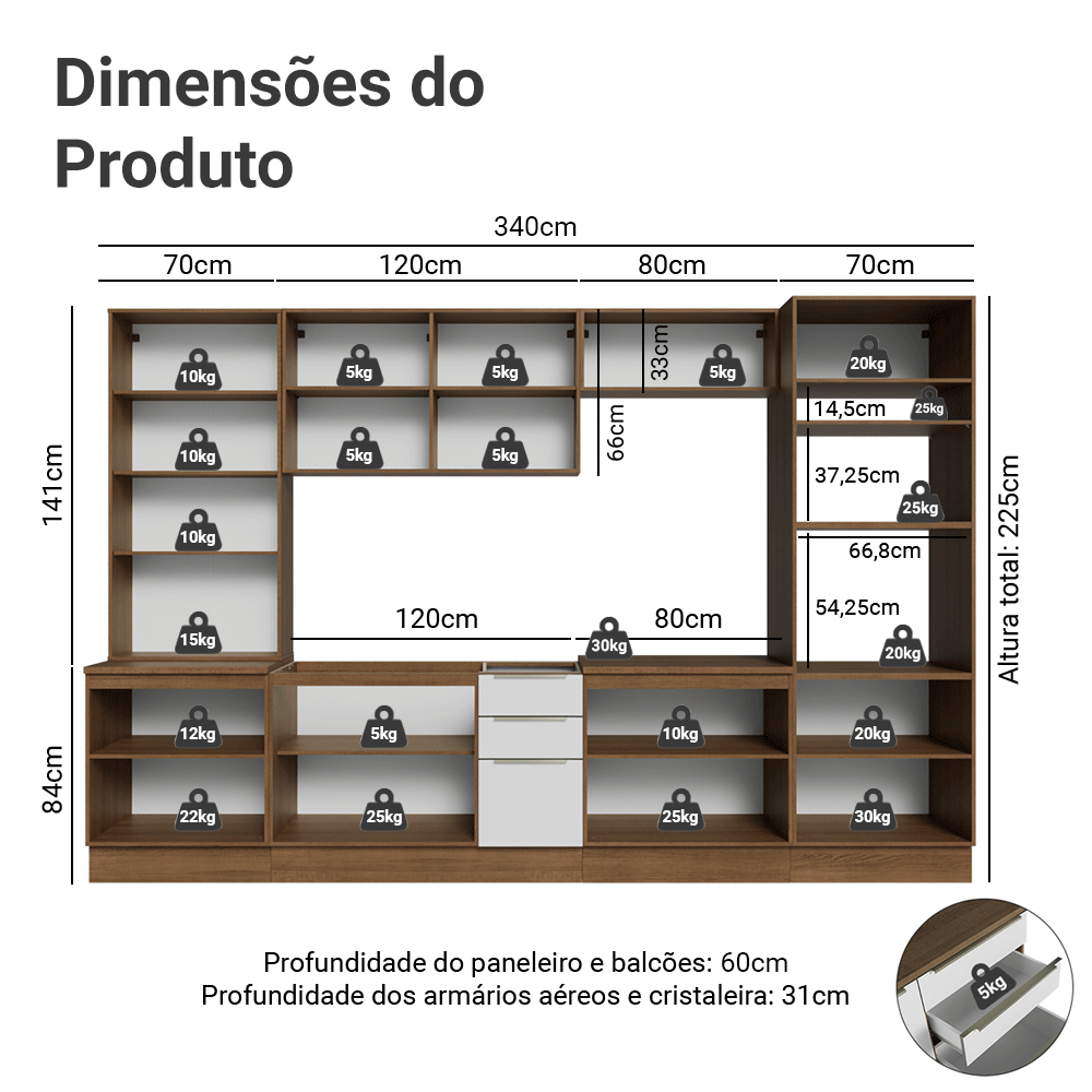 Armário de Cozinha Completa 340 x 60 cm Rustic/Branco Veludo Lux Madesa 04