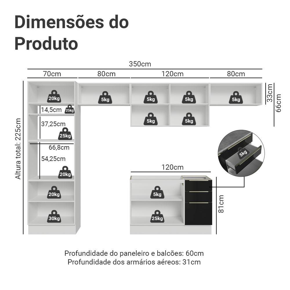 Armário de Cozinha Completa 350 x 60 cm Branco/Preto Lux Madesa 02