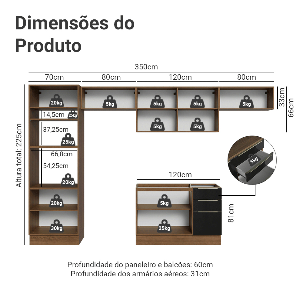 Armário de Cozinha Completa 350 x 60 cm Rustic/Preto Lux Madesa 02