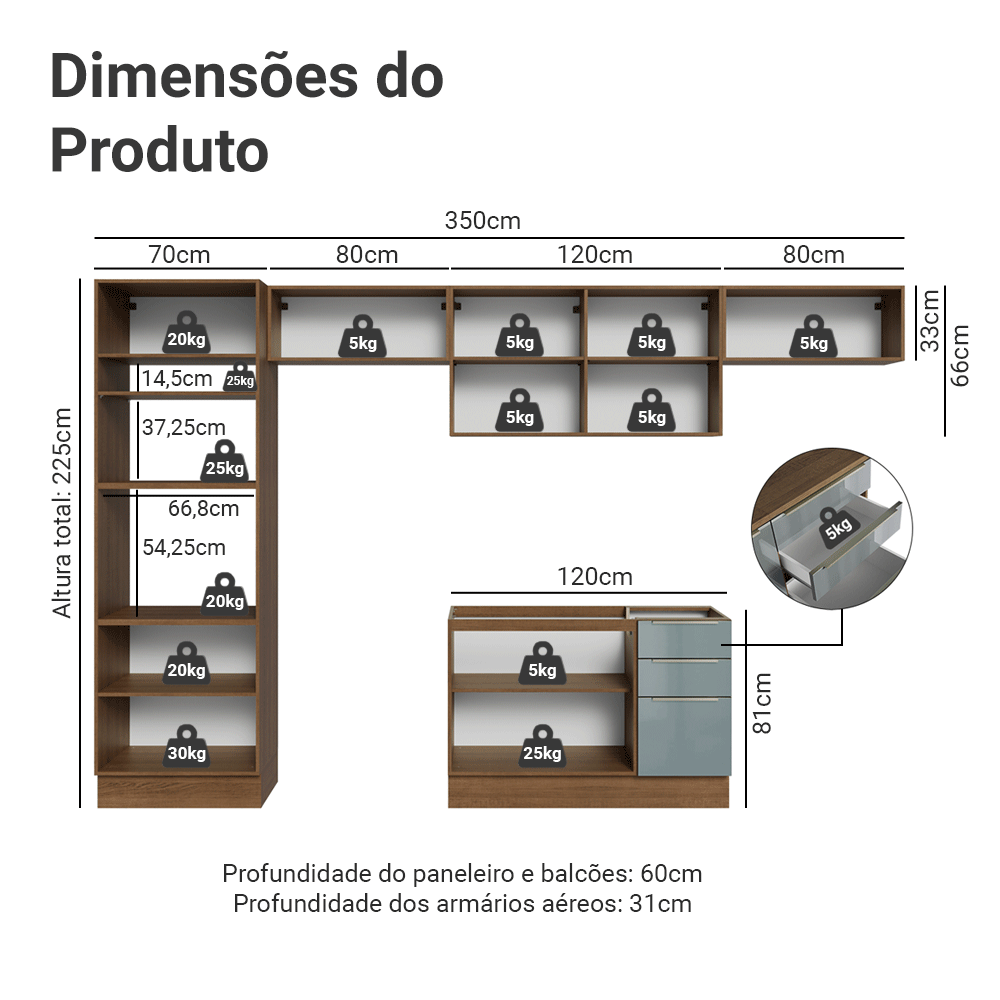 Armário de Cozinha Completa 350 x 60 cm Rustic/Cinza Lux Madesa 02