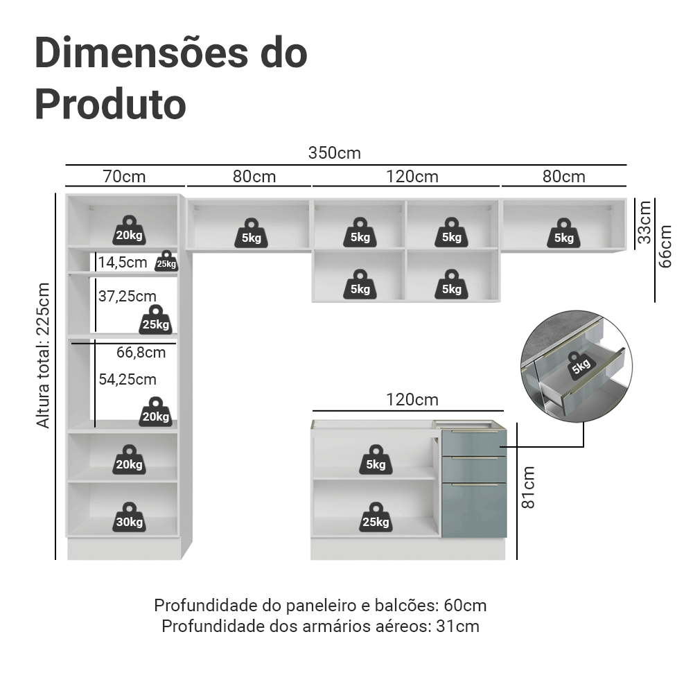 Armário de Cozinha Completa 350 x 60 cm Branco/Cinza Lux Madesa 02