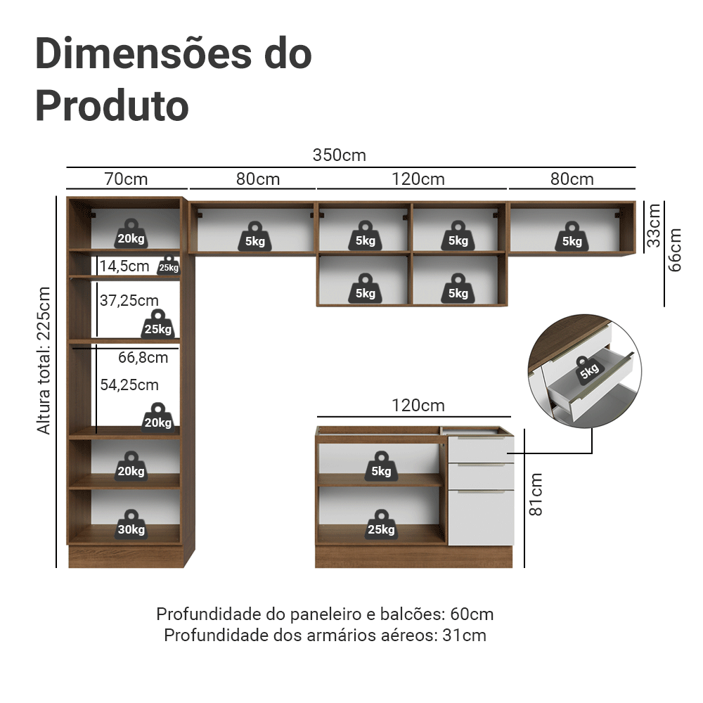 Armário de Cozinha Completa 350 x 60 cm Rustic/Branco Veludo Lux Madesa 02