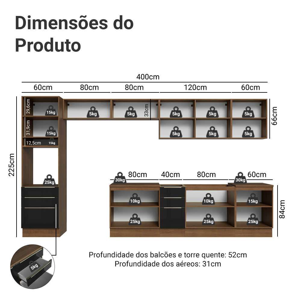 Armário de Cozinha Completa 400 cm Rustic/Preto Lux Madesa 05