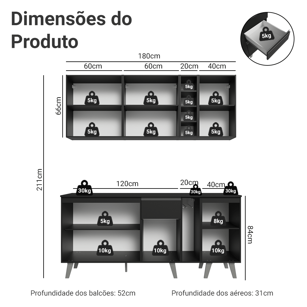 Armário de Cozinha Compacta 180 cm Preto Nice Madesa 01