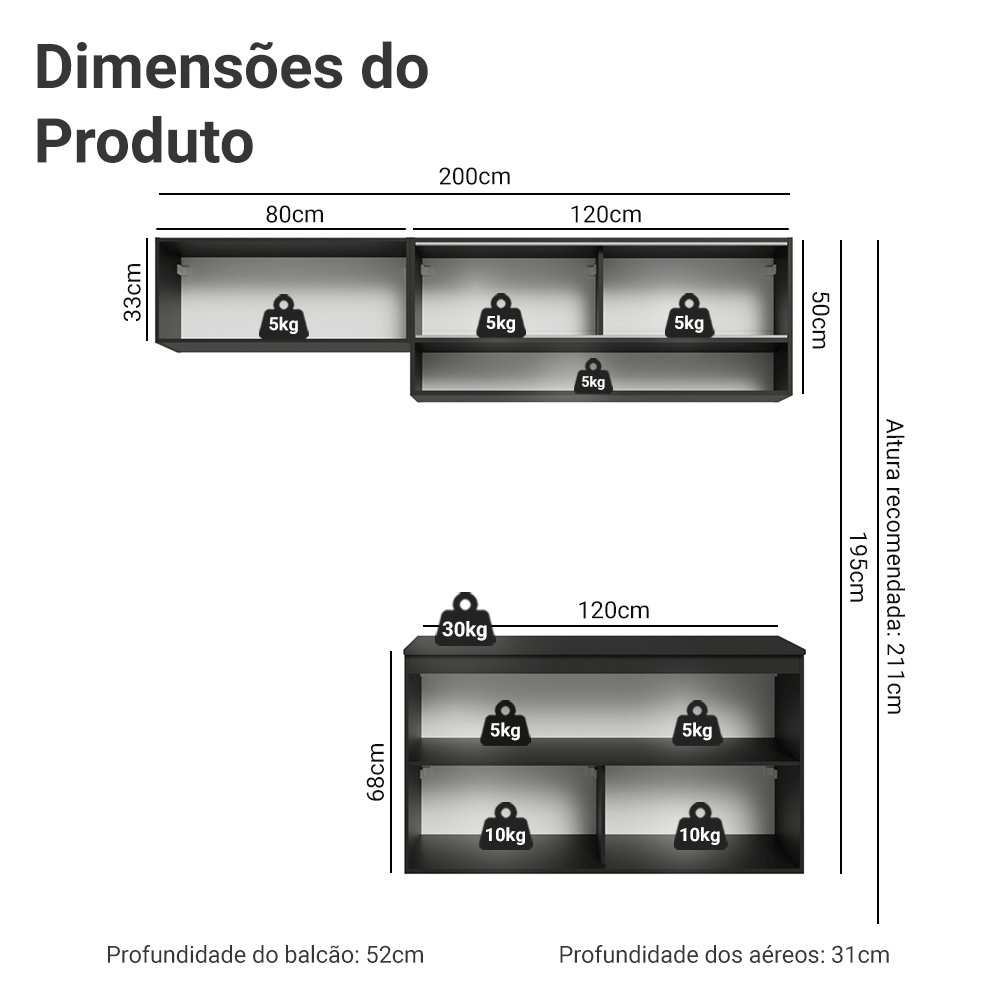 Armário de Cozinha Compacta 200 cm Suspenso Preto Nice Madesa 08