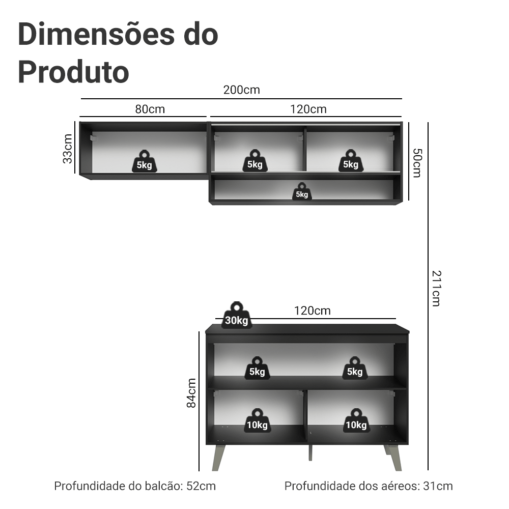 Armário de Cozinha Compacta 200 cm Preto Nice Madesa 10