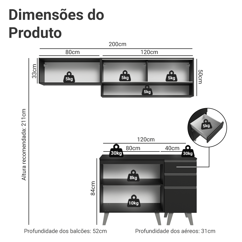 Armário de Cozinha Compacta 200 cm Preto Nice Madesa 13