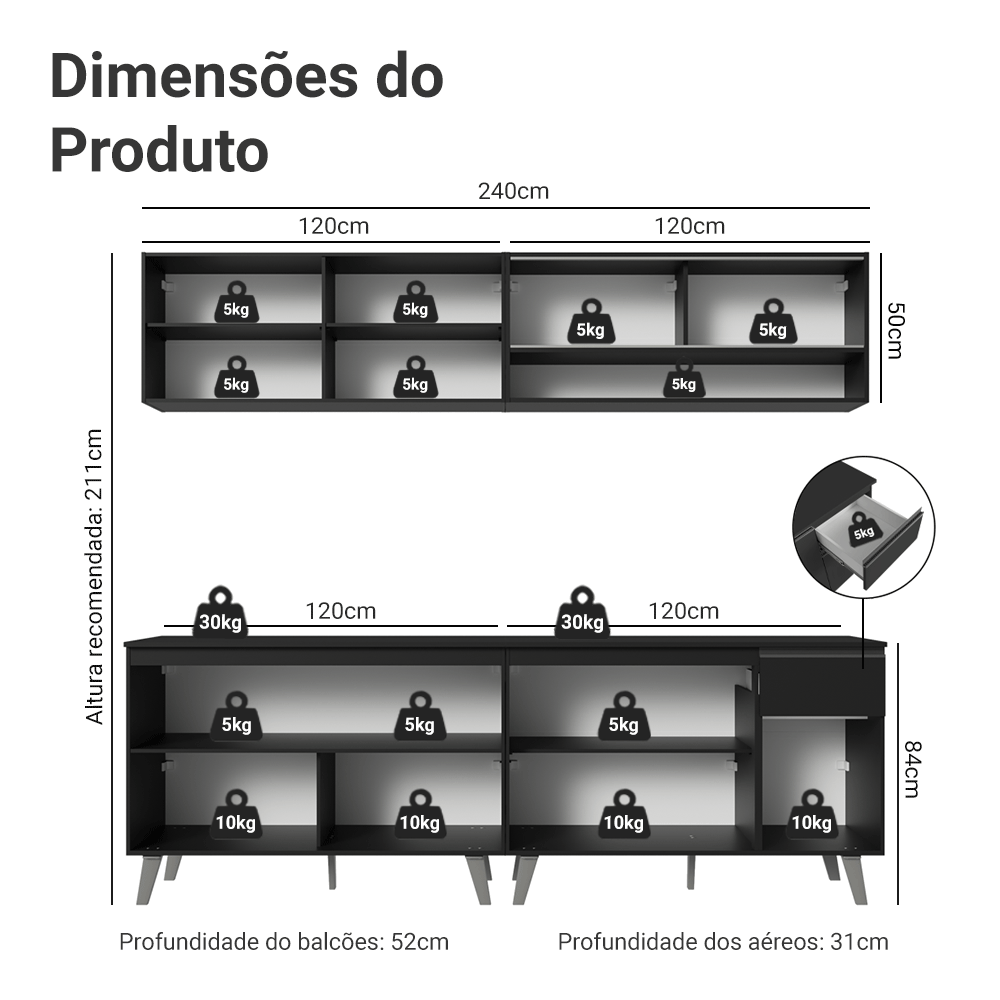 Armário de Cozinha Completa 260 cm Preto Nice Madesa 03