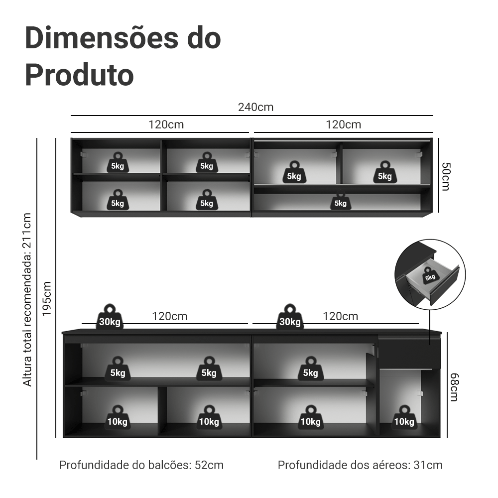 Armário de Cozinha Completa 260 cm Suspenso Preto Nice Madesa 04