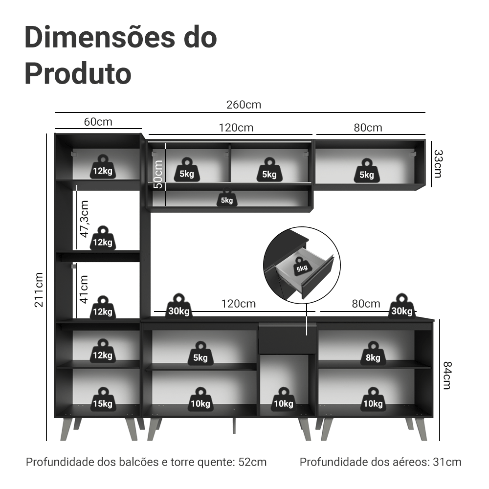 Armário de Cozinha Completa 260 cm Preto Nice Madesa 01