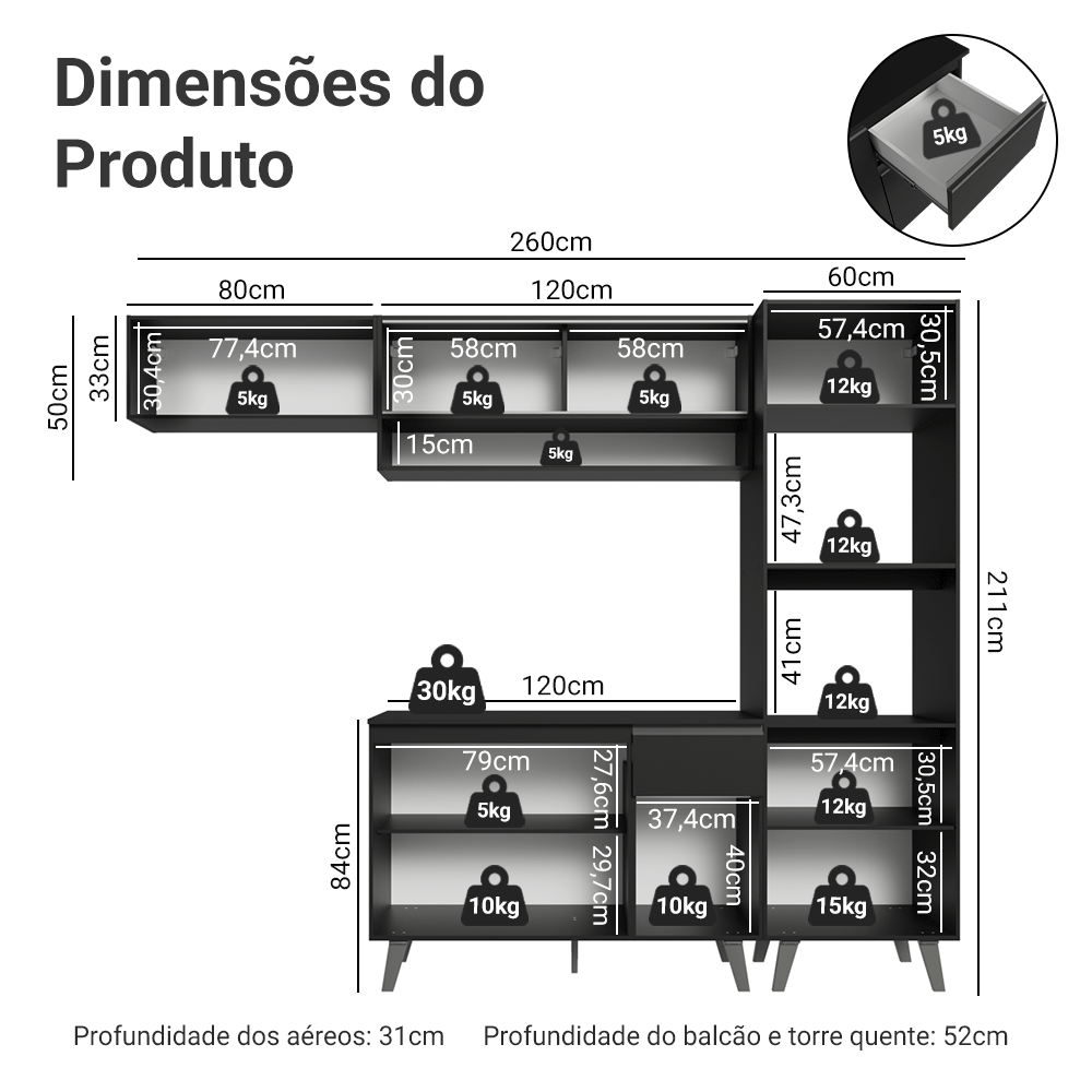 Armário de Cozinha Completa 260 cm Preto Nice Madesa 04