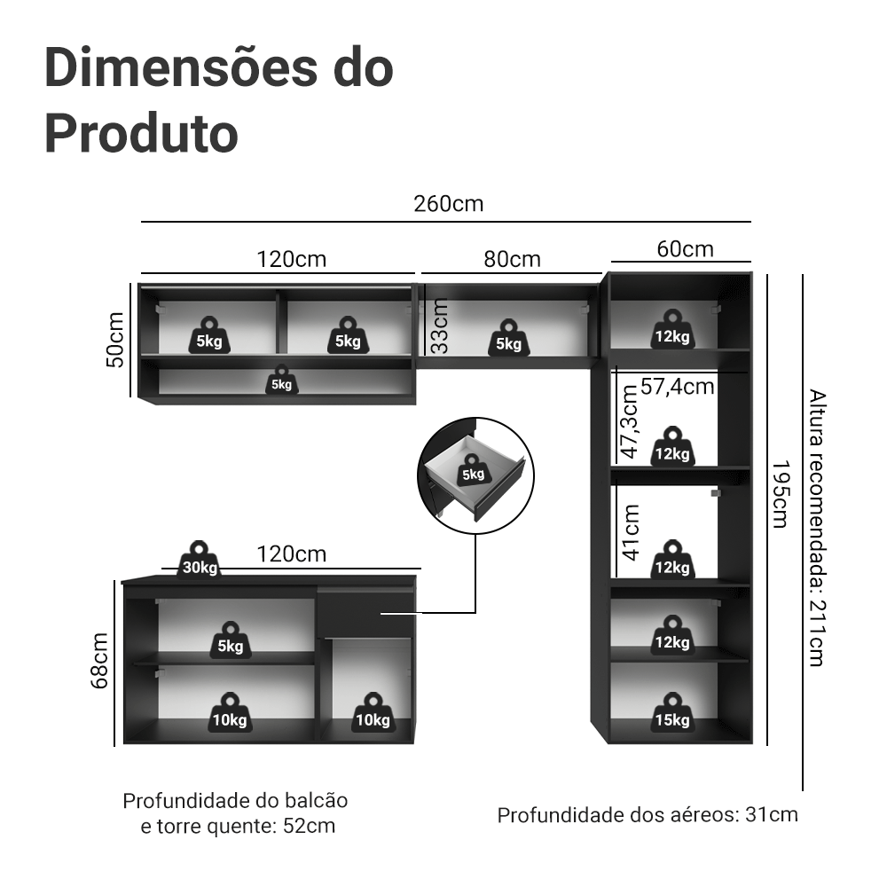 Armário de Cozinha Completa 260 cm Suspenso Preto Nice Madesa 11