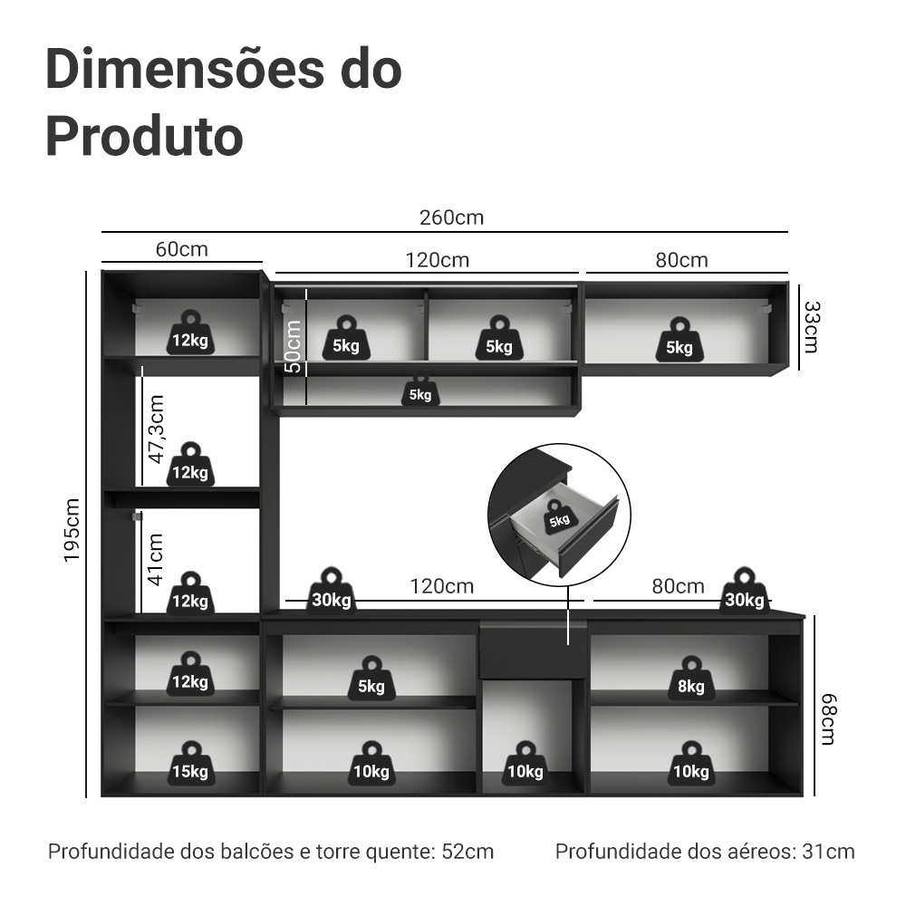 Armário de Cozinha Completa 260 cm Suspenso Preto Nice Madesa 014