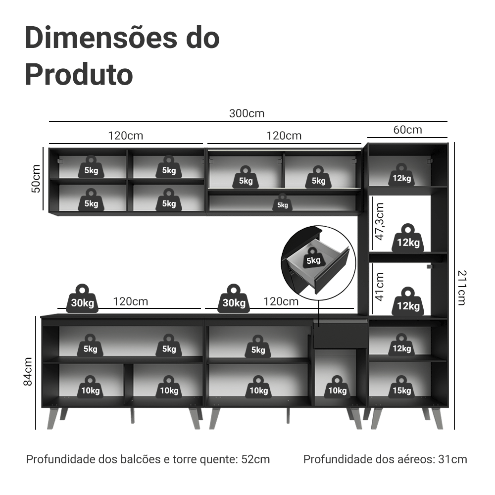 Armário de Cozinha Completa 300 cm Preto Nice Madesa 02
