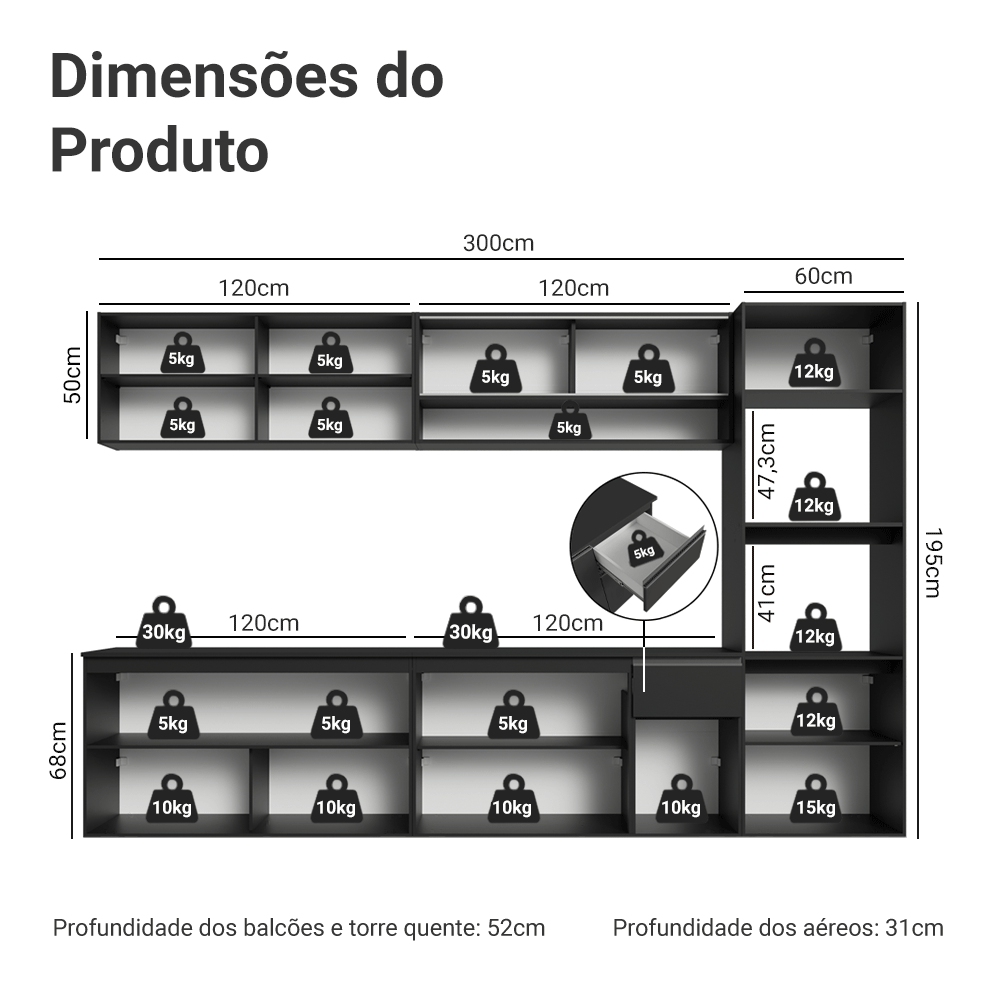 Armário de Cozinha Completa 300 cm Suspenso Preto Nice Madesa 04